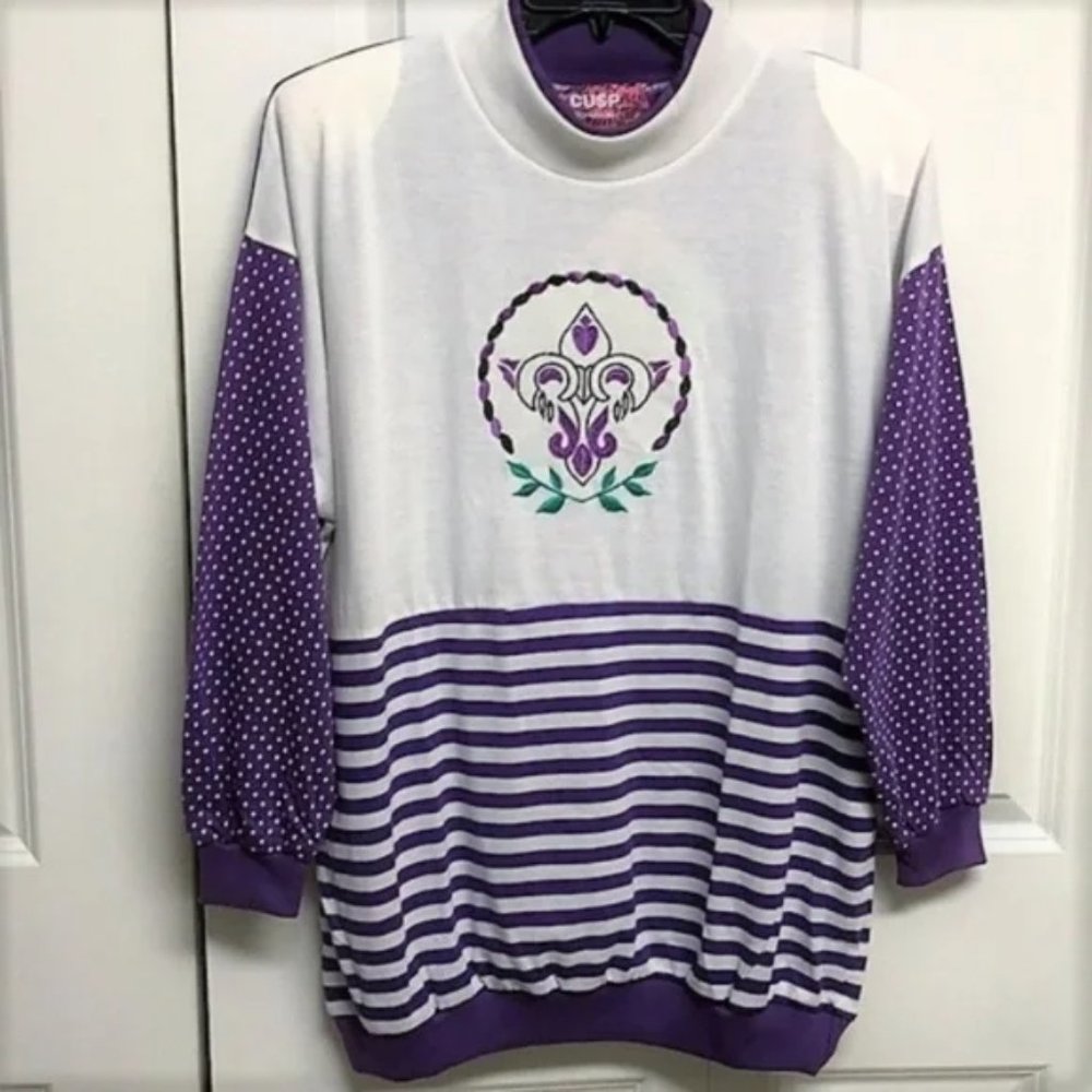 Cusp Purple White Multi Print Long Sleeve Soft Cotton Blend Casual Top M NWT
